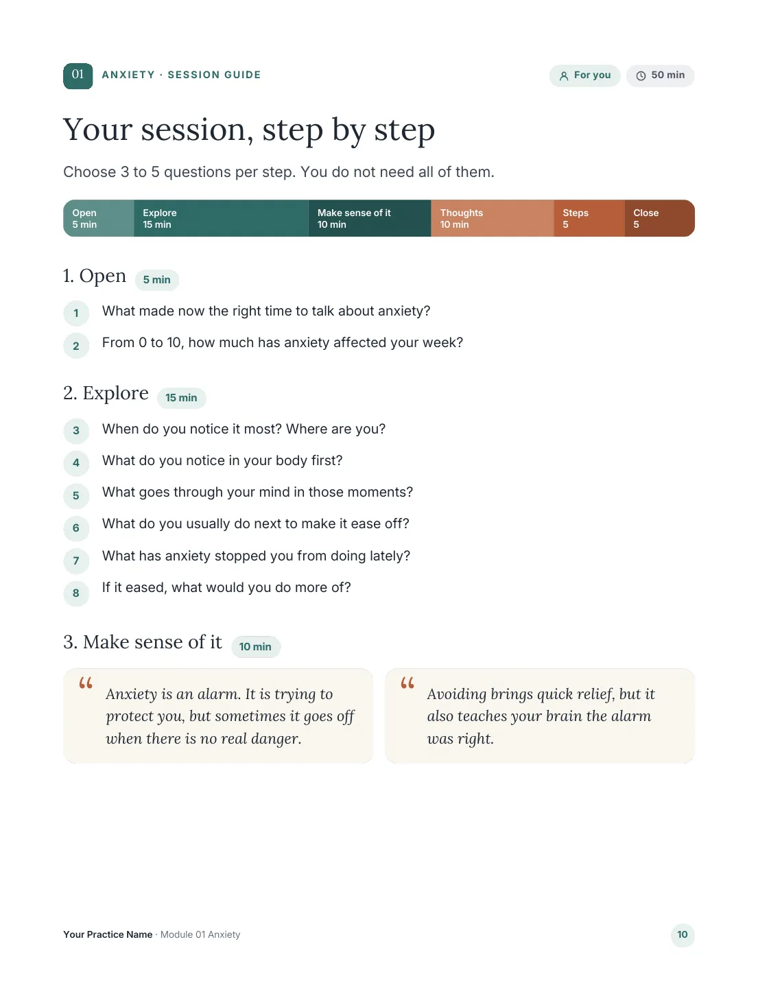 Anxiety Session Guide page with timed steps and questions