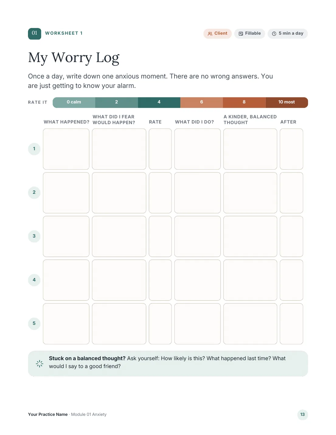 Fillable worry log worksheet
